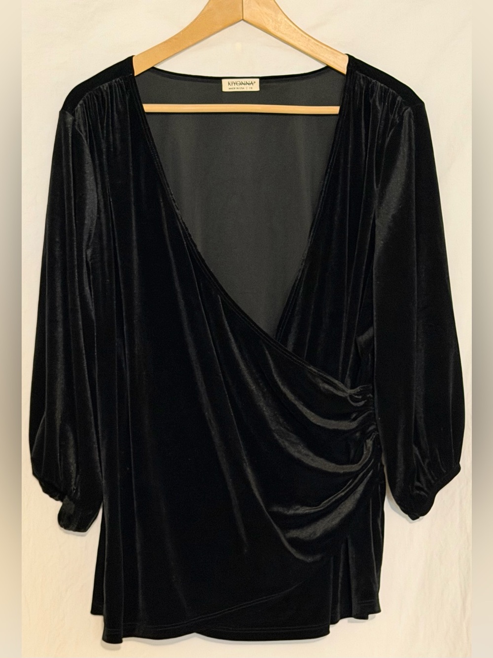 Kiyonna Odette Velvet Faux Wrap Top Onyx Black V-Neck 3/4 Lantern Sleeve Blouse